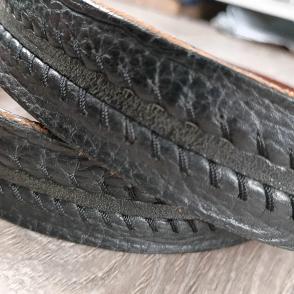 Genuine American Bison Leather Belt USA Tooled‎ Western Buck Lace Worn  Black